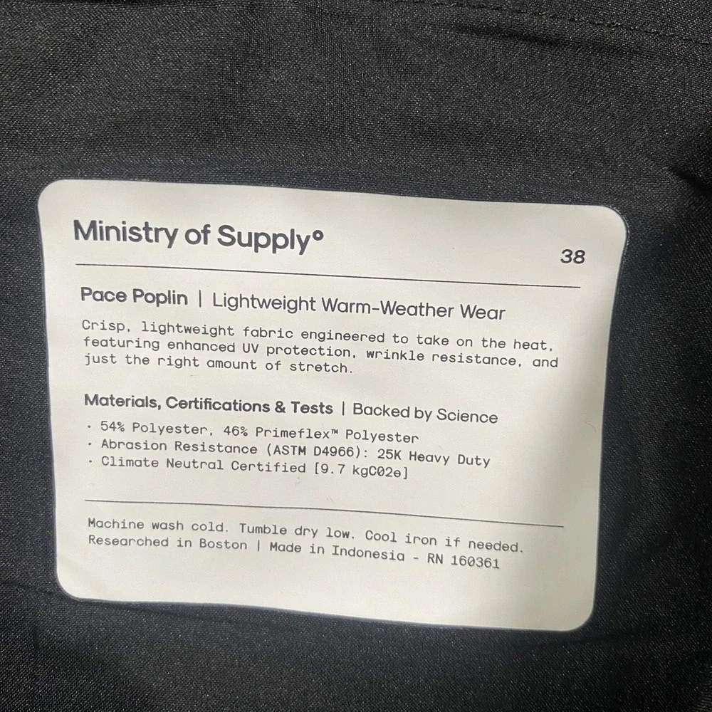 Ministry of Supply Pace Poplin Dress Pants Mens 38 Lightweight Wrinkle Resistant